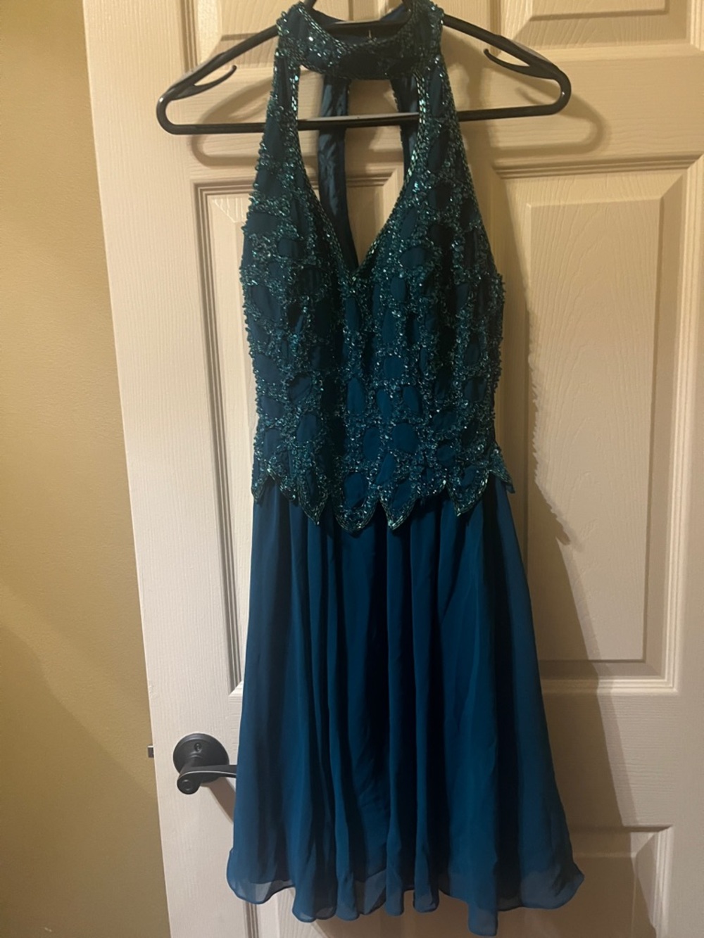Teal Beaded Halter A-Line Prom Dress
